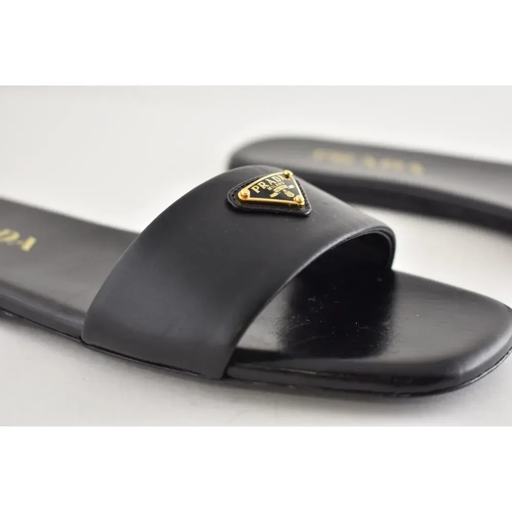Prada Ciabatte Black Leather Gold Triangle Logo Slide Mule Flat Sandal 36